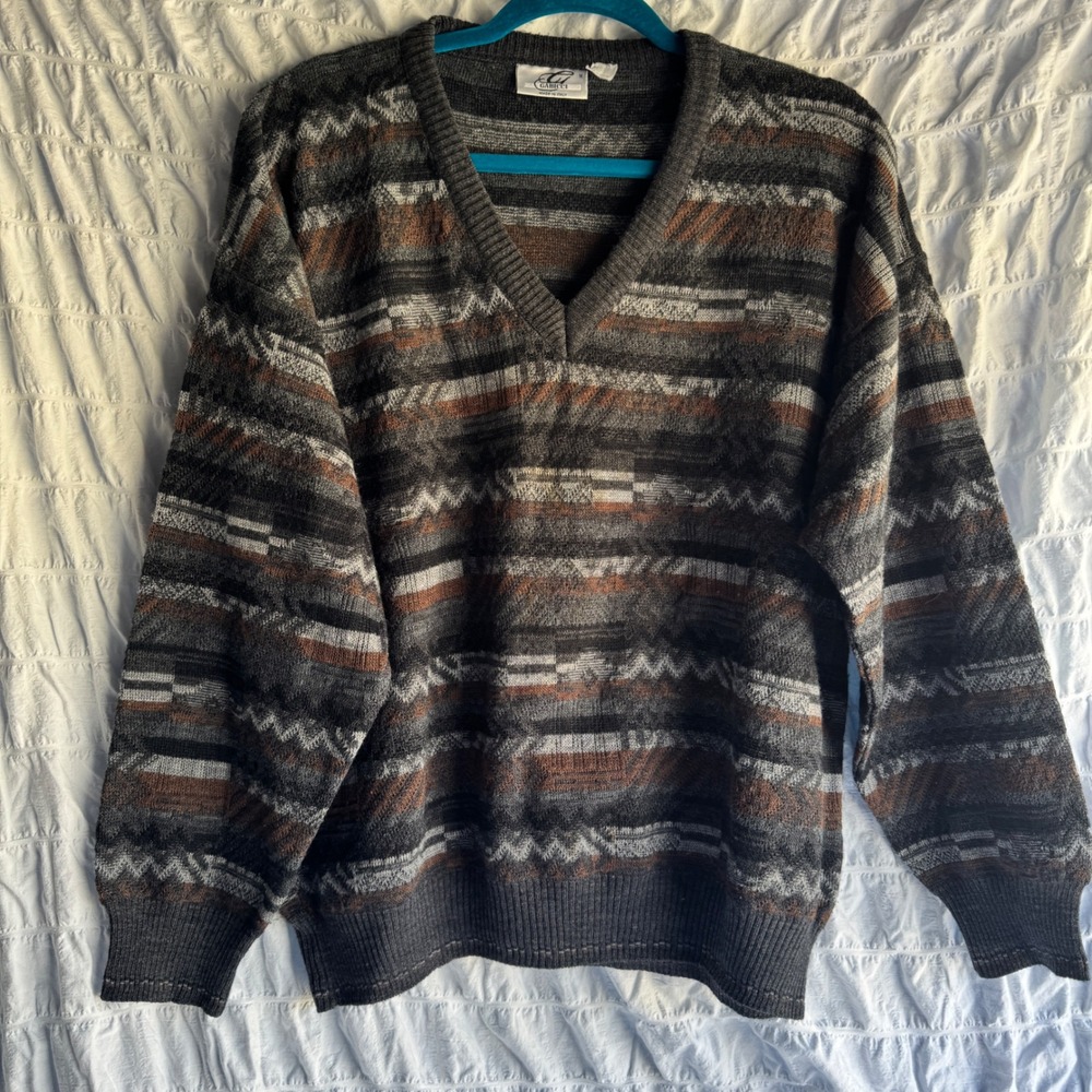 Vintage Gabicci Sweater Mens M Grey Brown Abstract V-Neck Grandpa Italy Wool Mix